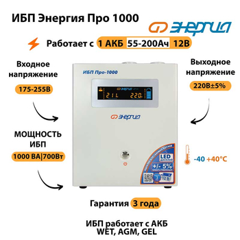 Энергия ИБП Про 1000 12В - ИБП и АКБ - ИБП для котлов - магазин электрооборудования amperomvolt.ru